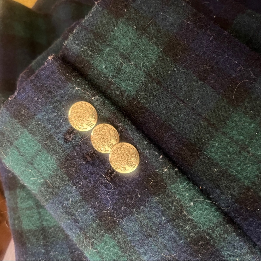 J CREW Factory Blazer 8/38” Green Blue Tartan PREPPY Wool Blend Gold Crest Buttn - Picture 8 of 16